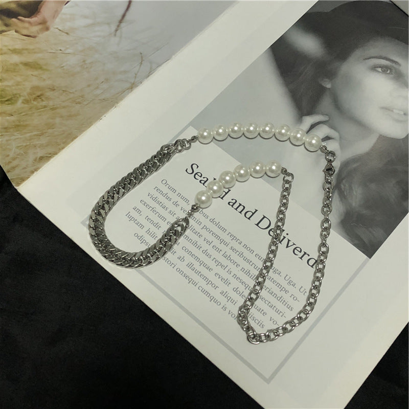 Titanium Steel Chain Stitching Pearl Necklace Cool Hip Hop