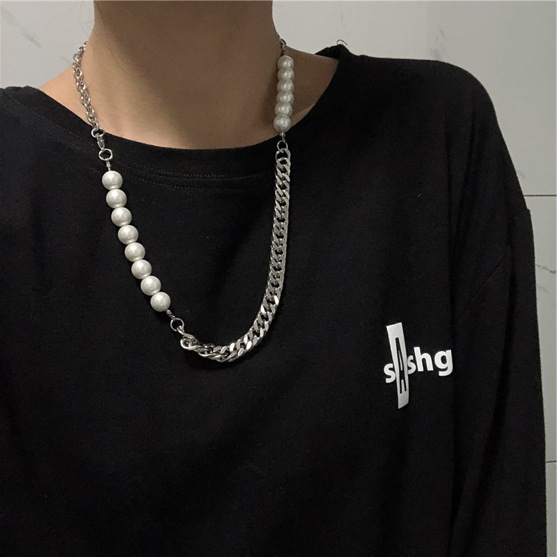 Titanium Steel Chain Stitching Pearl Necklace Cool Hip Hop