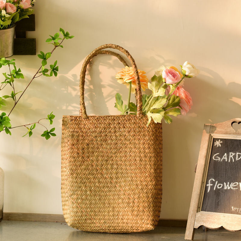 Japan And South Korea Wind Seaweed Woven Bag Hanging Flower Basket Mori Female Portable Straw Woven Shoulder Bag Travel Beach Bag Foreign Trade Wholesale