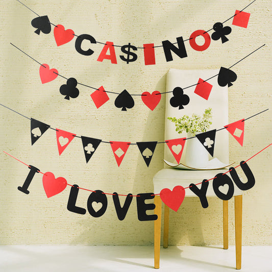 1set Casino Theme Party Ornament Playing Cards Banner Bunting 12inch Spades Heart Latex Balloon For Birthday Party Hanging Decor