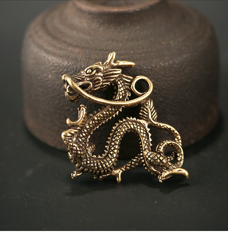 Chinese Dragon Brass Figurines Keychain Pendant Home Car Feng Shui Decor