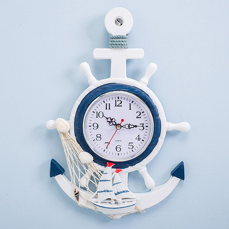 Mediterranean Style Blue And White Ship Rudder Helmsman Anchor Creative Personality Wall Clock