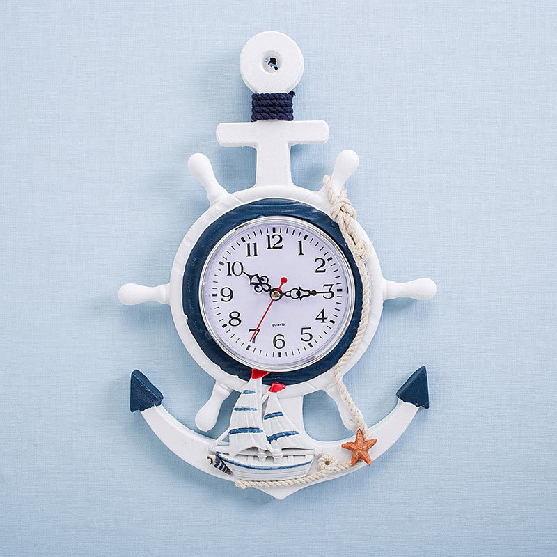 Mediterranean Style Blue And White Ship Rudder Helmsman Anchor Creative Personality Wall Clock