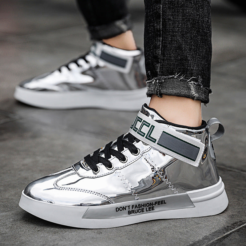 Men'S Patent Leather Shiny High-Top Shoes Korean Mirror Panel Shoes Tyrant