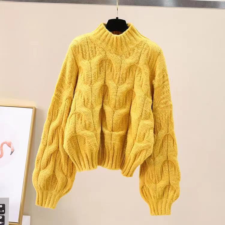 Half-high Collar Long Sleeves Pullover Women's Sweater Autumn And Winter Loose Base Ride Puff Sleeve Knitted Top