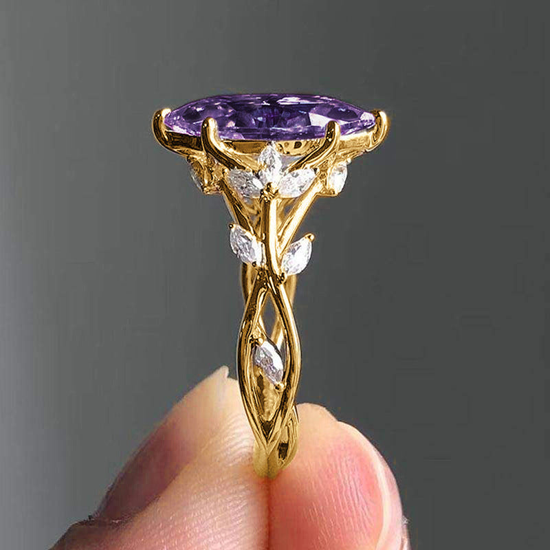 Zircon Ring Female Court Leaf Vine Design