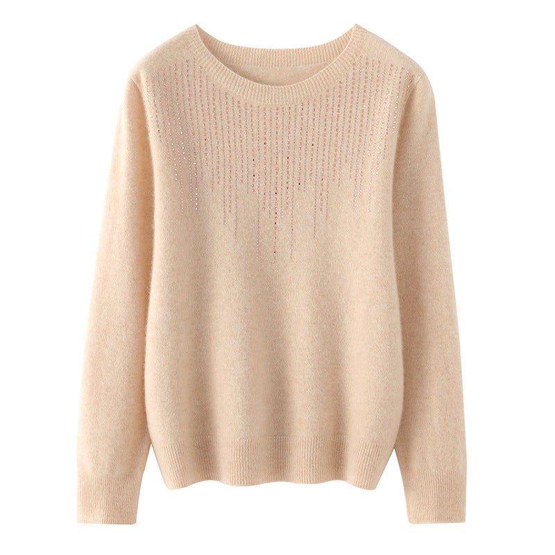 Round Neck Rhinestone Long-sleeved Knitted Bottoming Shirt Women's Pullover Sweater