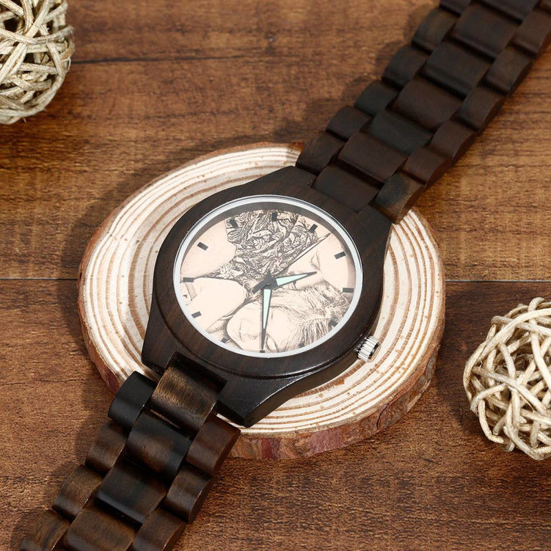 Men's Engraved Wooden Photo Watch Wooden Strap 45mm