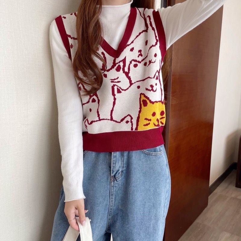 Women's Simple V-neck Fashion Cat Vest