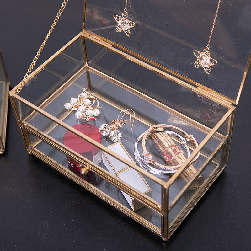 European Creative Dustproof Copper Strip Double Glass Jewelry Box