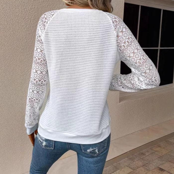 European And American New Pure Color Lace Long Sleeve Hollowed Leisure Women's T-shirt Tops