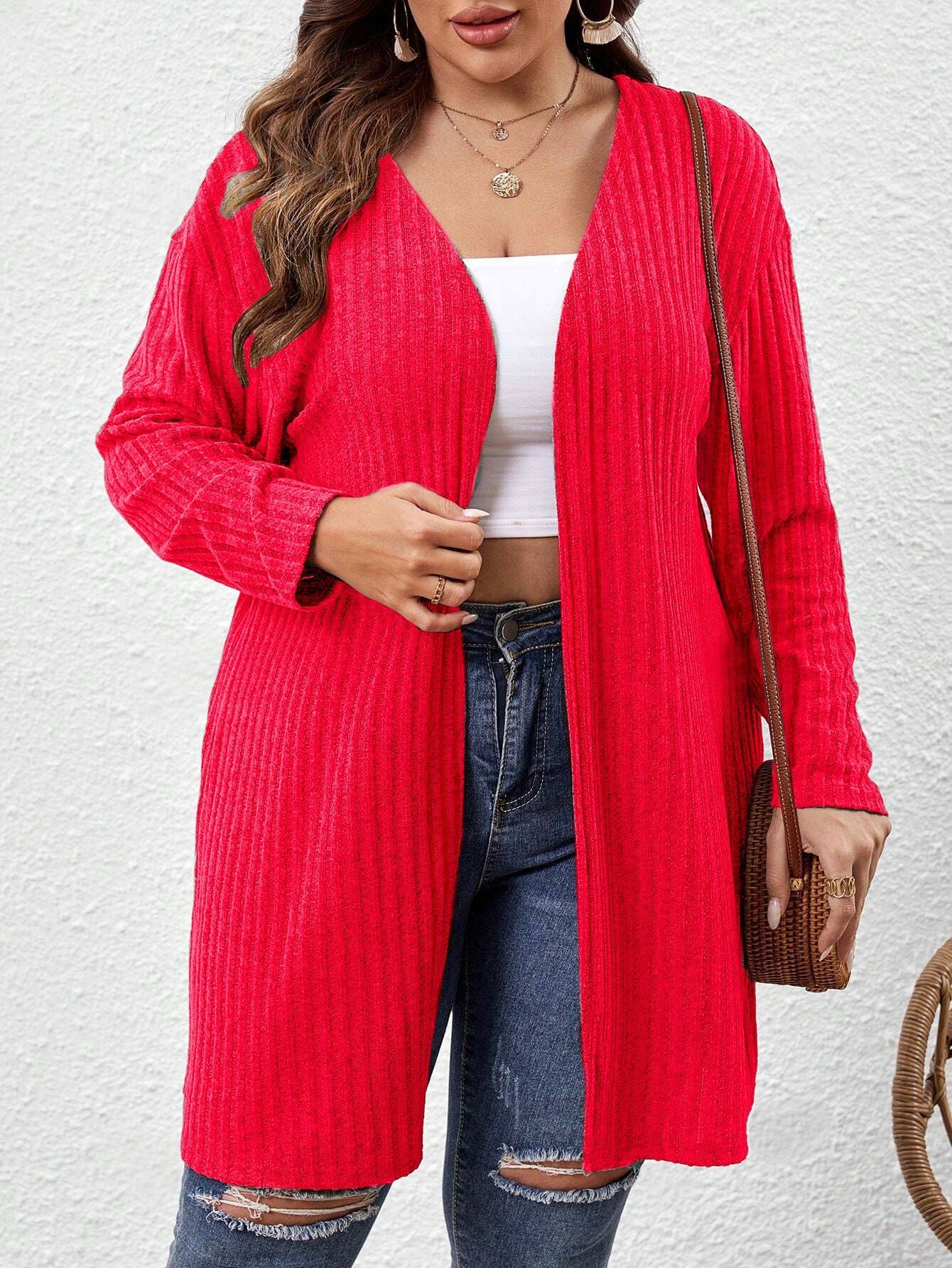 Sunken Stripe Brushed Plus Size Women's Mid-length Solid Color And V-neck Long-sleeved Cardigan