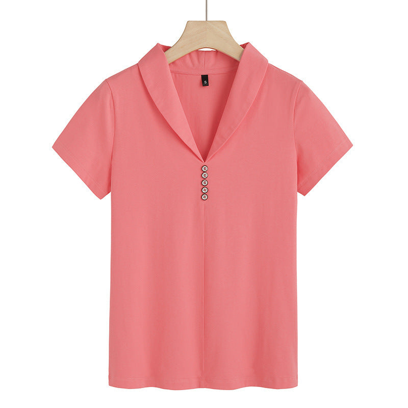 Slim-fit Split Solid Color And V-neck Button Short Sleeve