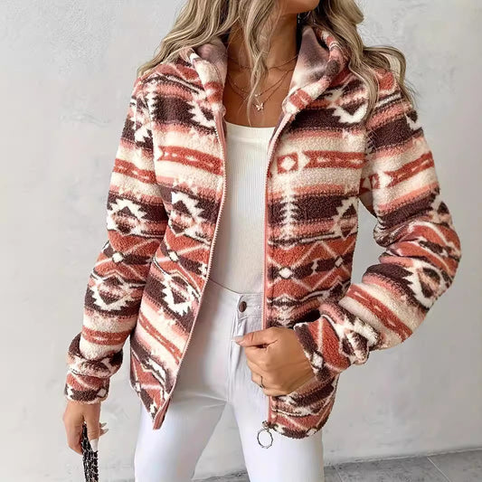 Fashion Casual Geometric Pattern Printed Hooded Zipper Jacket