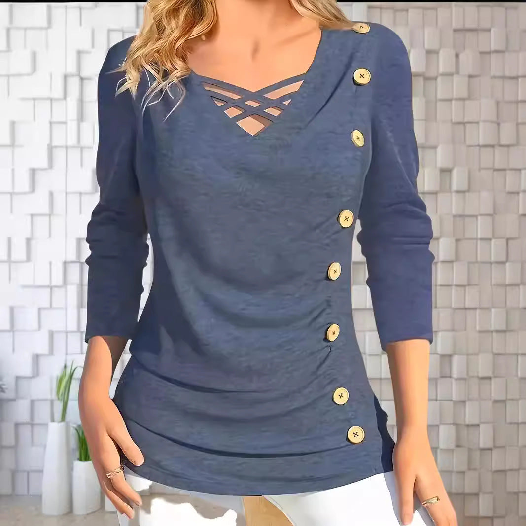 Elegant Solid Color Knitted V-neck Long Sleeve Fake Button Long Shirt