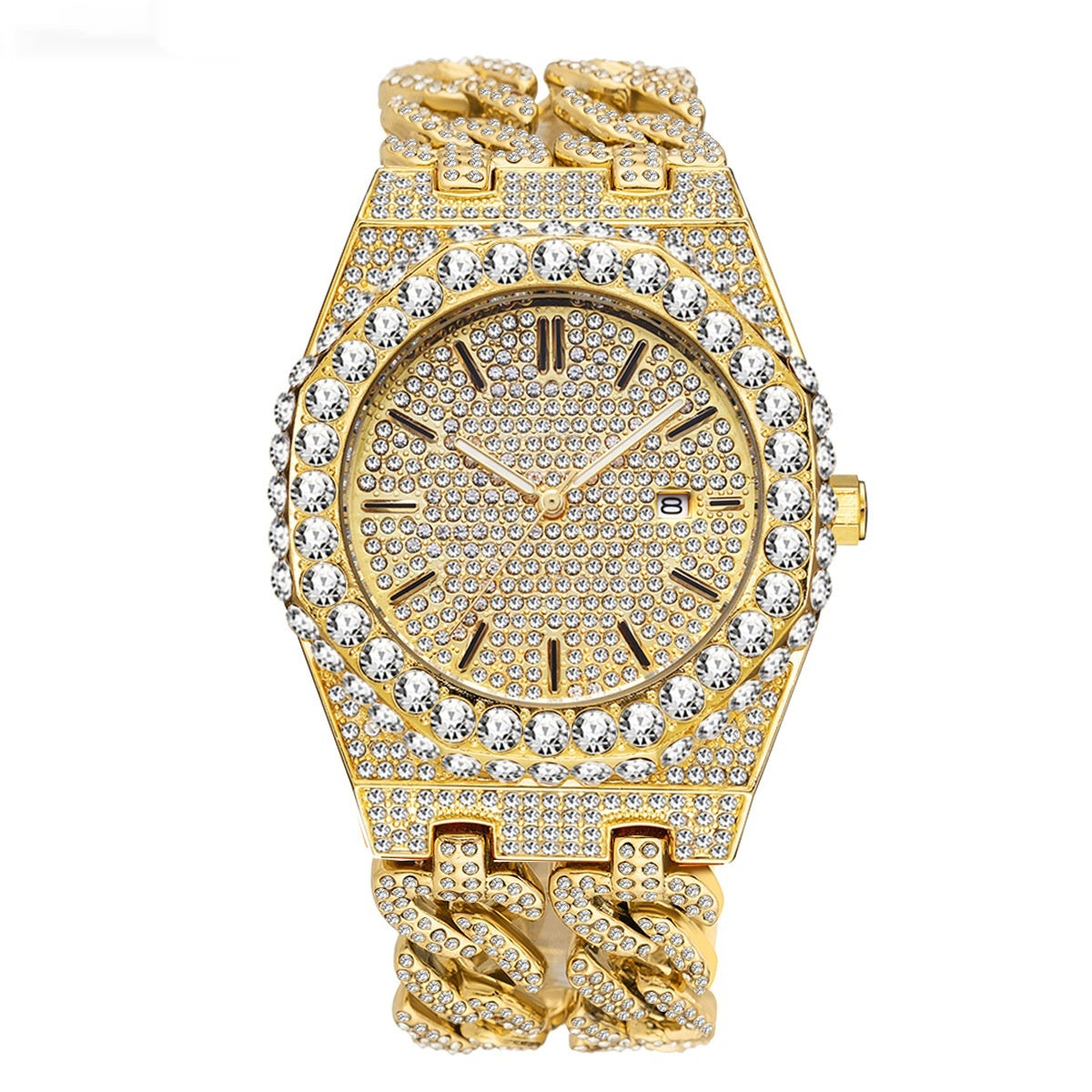 Men's Hip Hop Iced Diamond Fashion Cuban Link Chain Quartz Clock