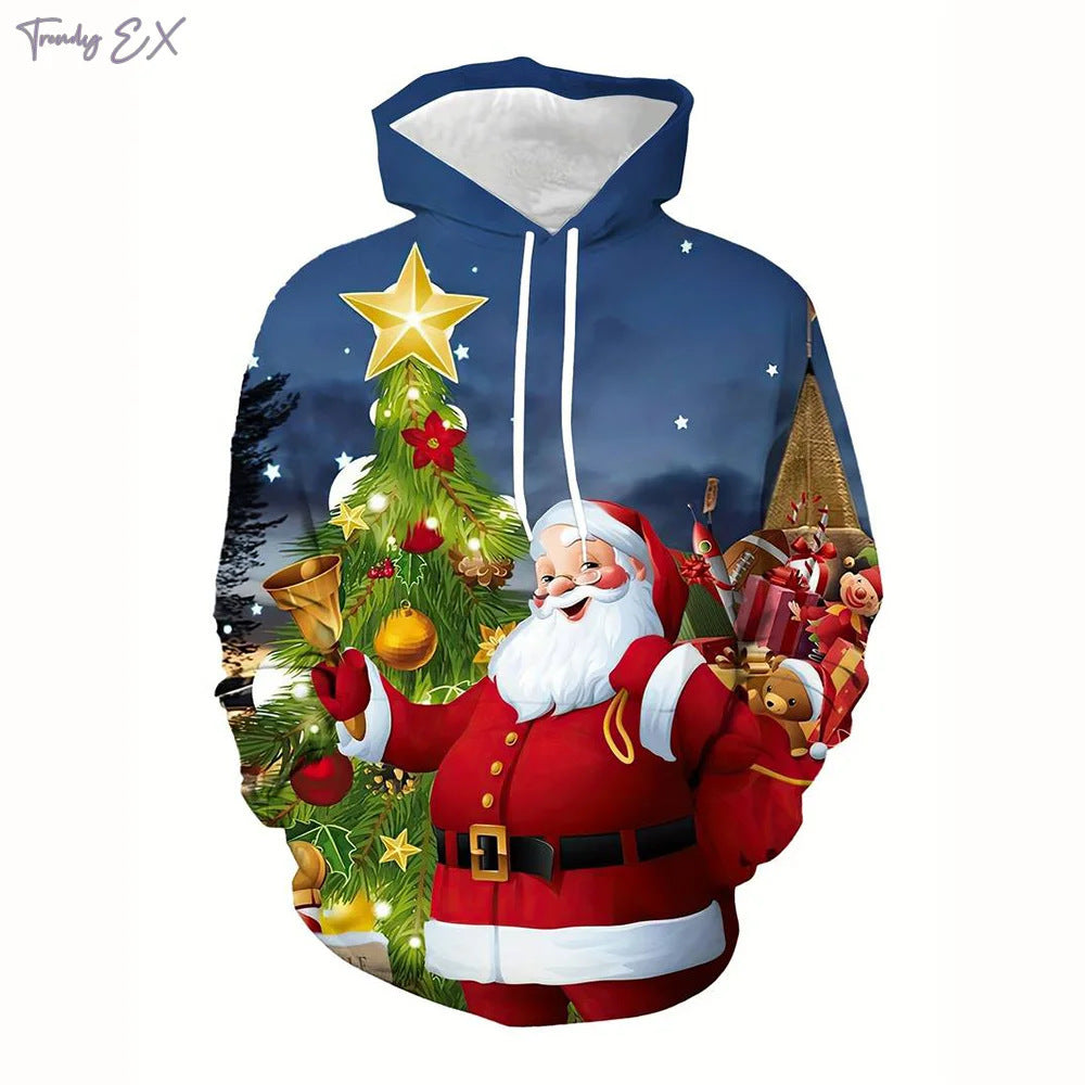 Elk And Santa Claus Printed Hoodie