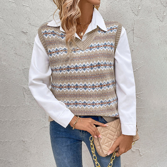 Sleeveless Top Ethnic Style Jacquard Knitted Vest Jacket