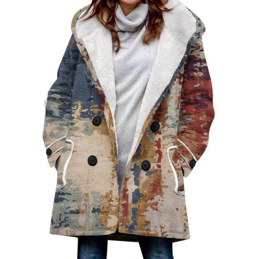 Women's Windbreaker Winter Thickened Imitation Lamb Stitching Floral Hooded