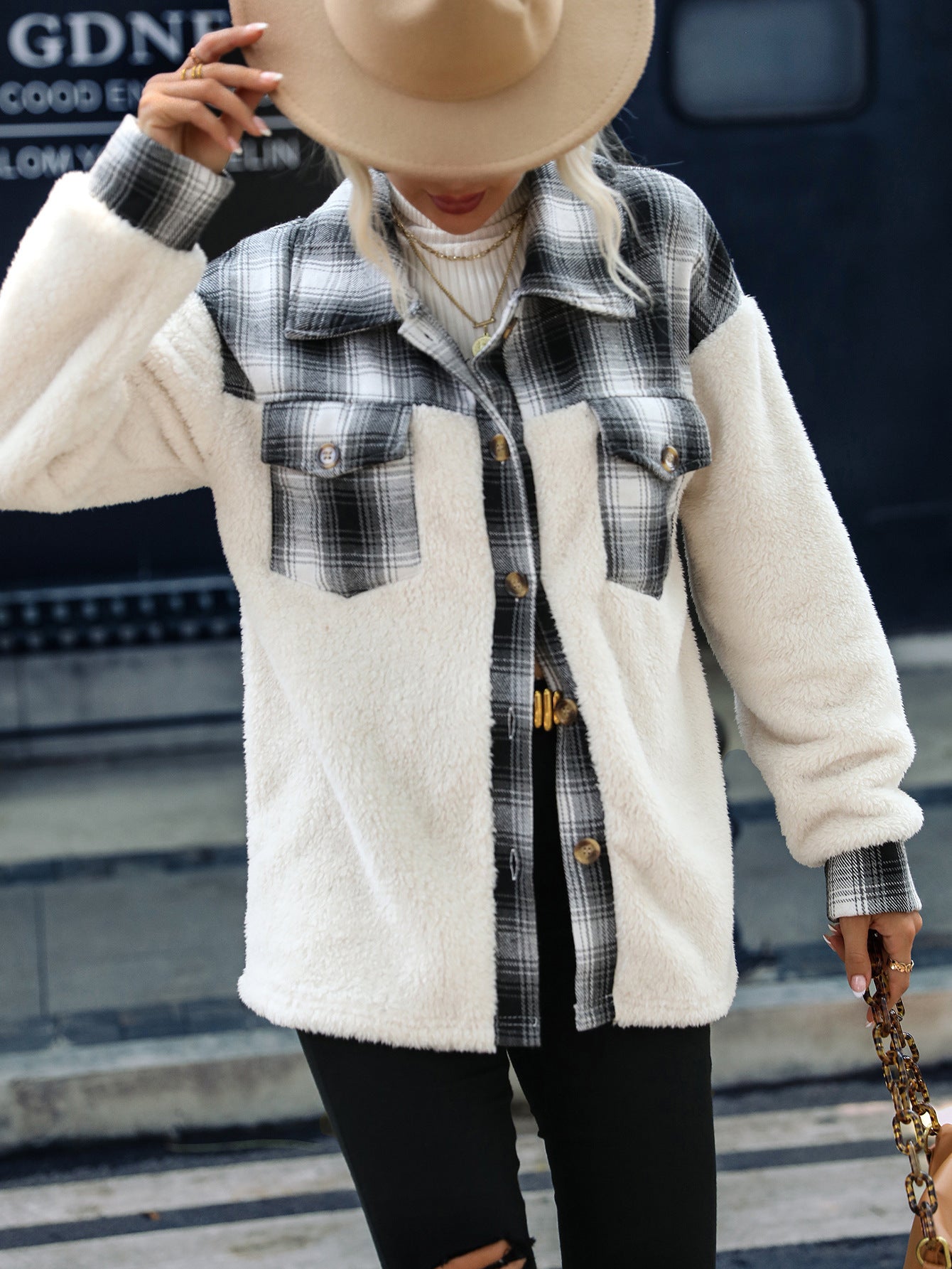 Long Sleeve Plaid Lapel Plush Coat