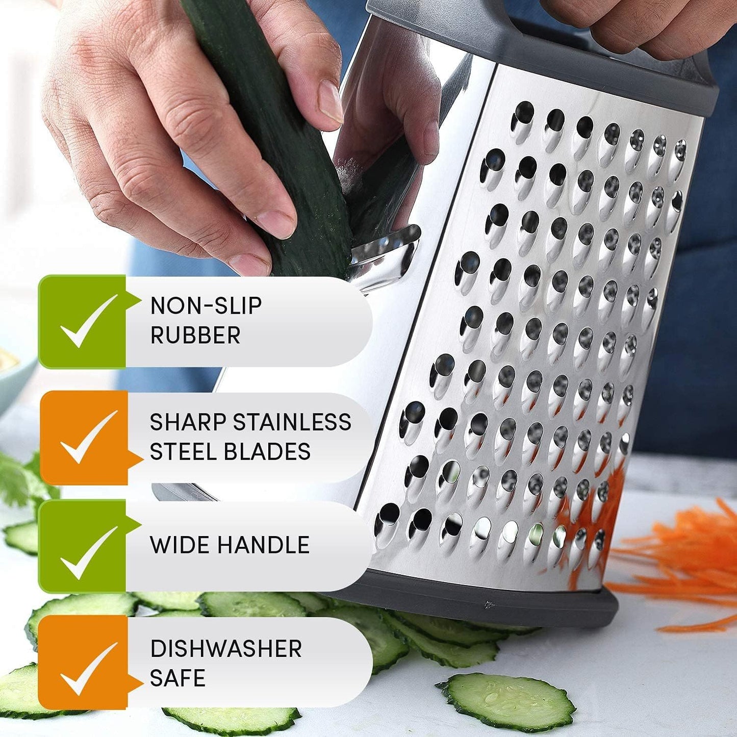 Stainless Steel Cheese Grater 9in 4 Sides, Perfect Grater For Parmesan Cheese. Vegetables, Ginger- Dishwasher Safe, Durable  Random Color