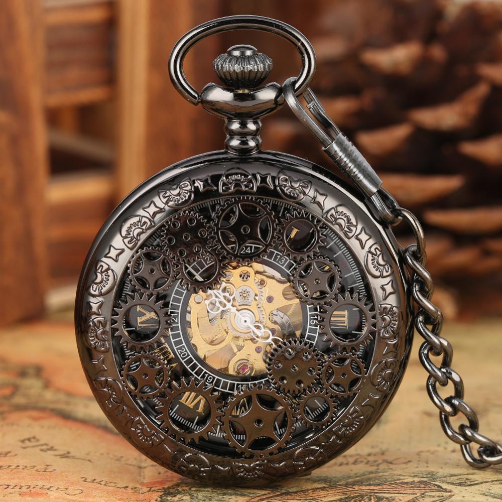 Classic Black Chain Hollow Gear Manual Mechanical Pocket Watch