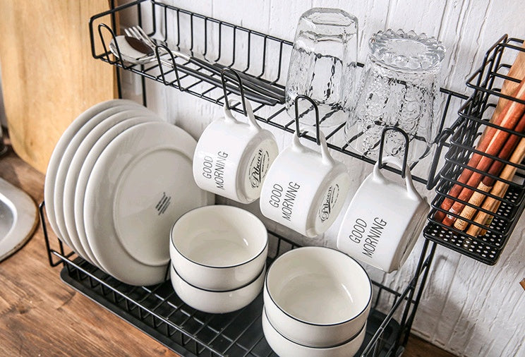 Multi-function kitchen storage rack double tableware dish drain rack iron storage rack