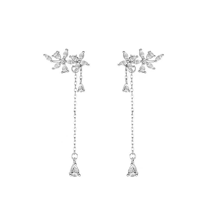 Sterling Silver Diamond Flower Long Women's Earrings