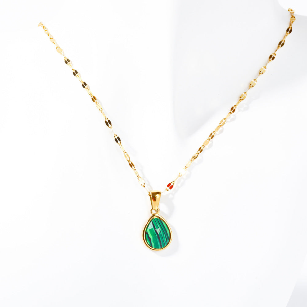 Cross-border Malachite Necklace Titanium Steel Water Drop Pendant Zircon Natural Stone Clavicle Chain Gold Plated Color Ornament