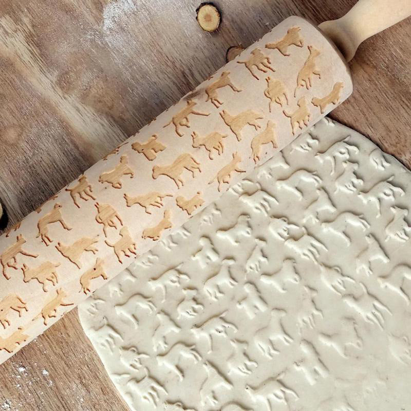 Solid Wood Roller With Carved Pattern Rolling Pin