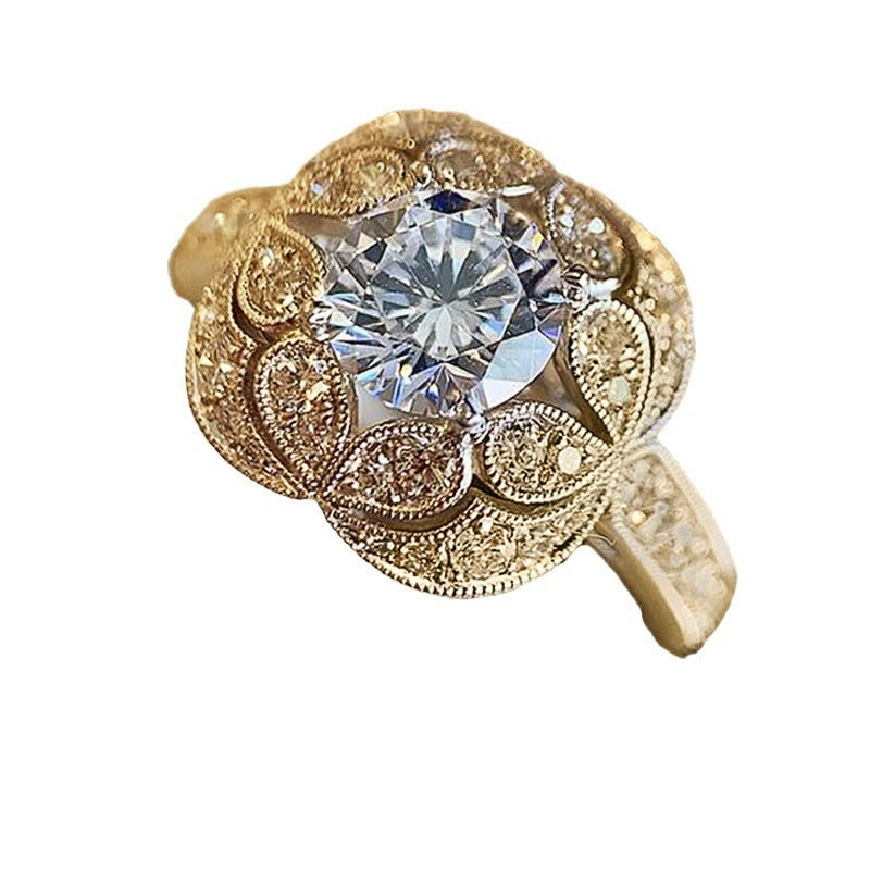 Fashion Ornament Vintage Flowers Zircon Ring Delicate Flower Round Diamond For Women