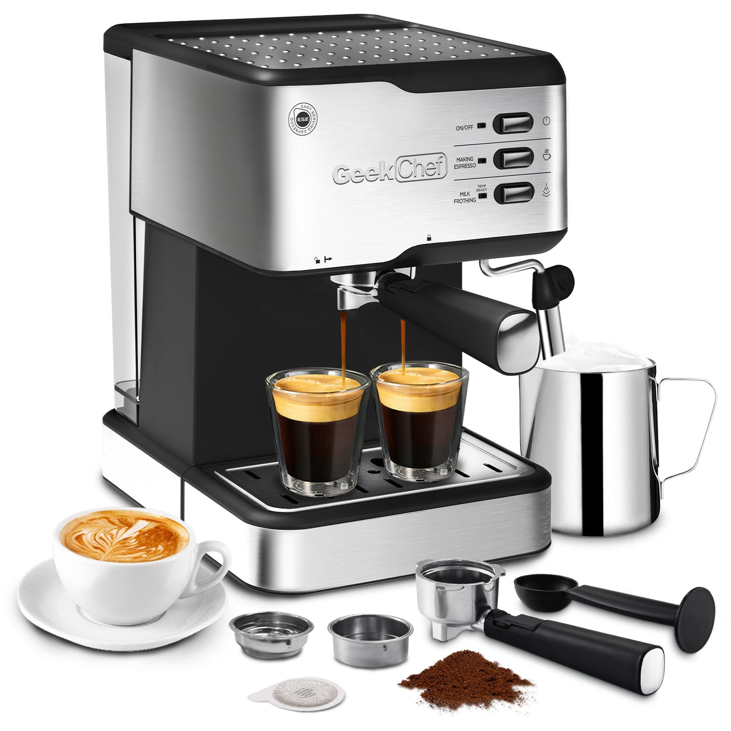 Geek Chef Espresso Machine, Espresso&Cappuccino Latte Maker 20 Bar Coffee Machine Compatible With ESE POD Capsules Filter&Milk Frother Steam Wand, 950W, 1.5L Water Tank,Ban On Amazon