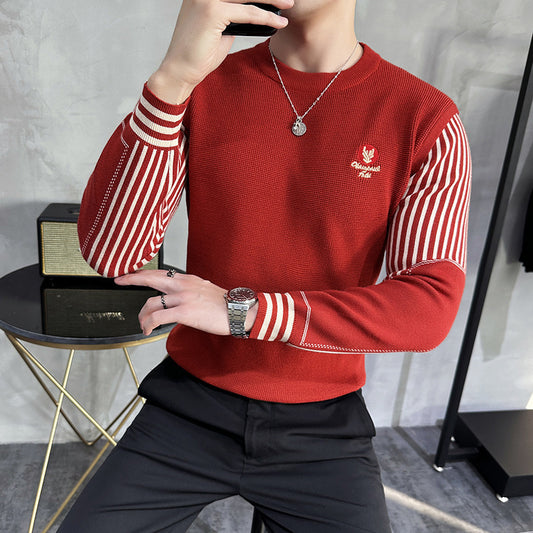 Fall Winter Men Color Contrast Patchwork Round Neck Sweater