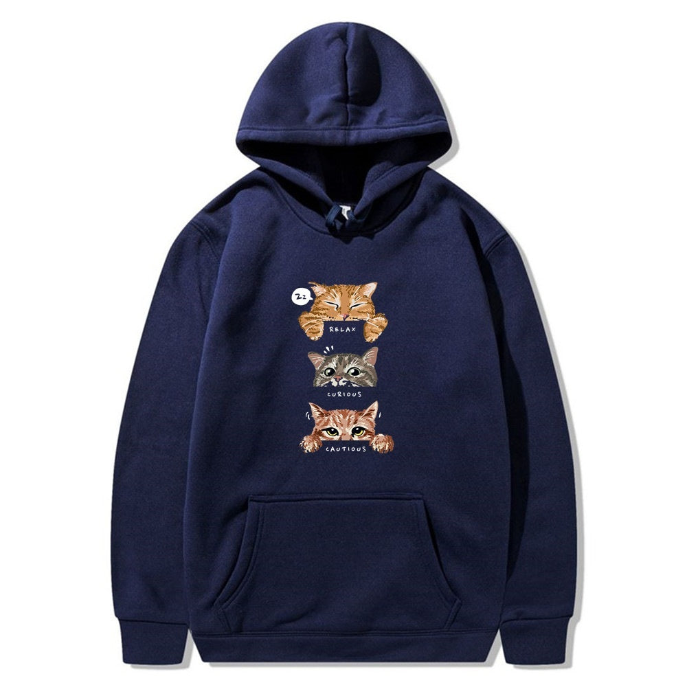 Cat Print Hooded Pullover Leisure Sweatshirt