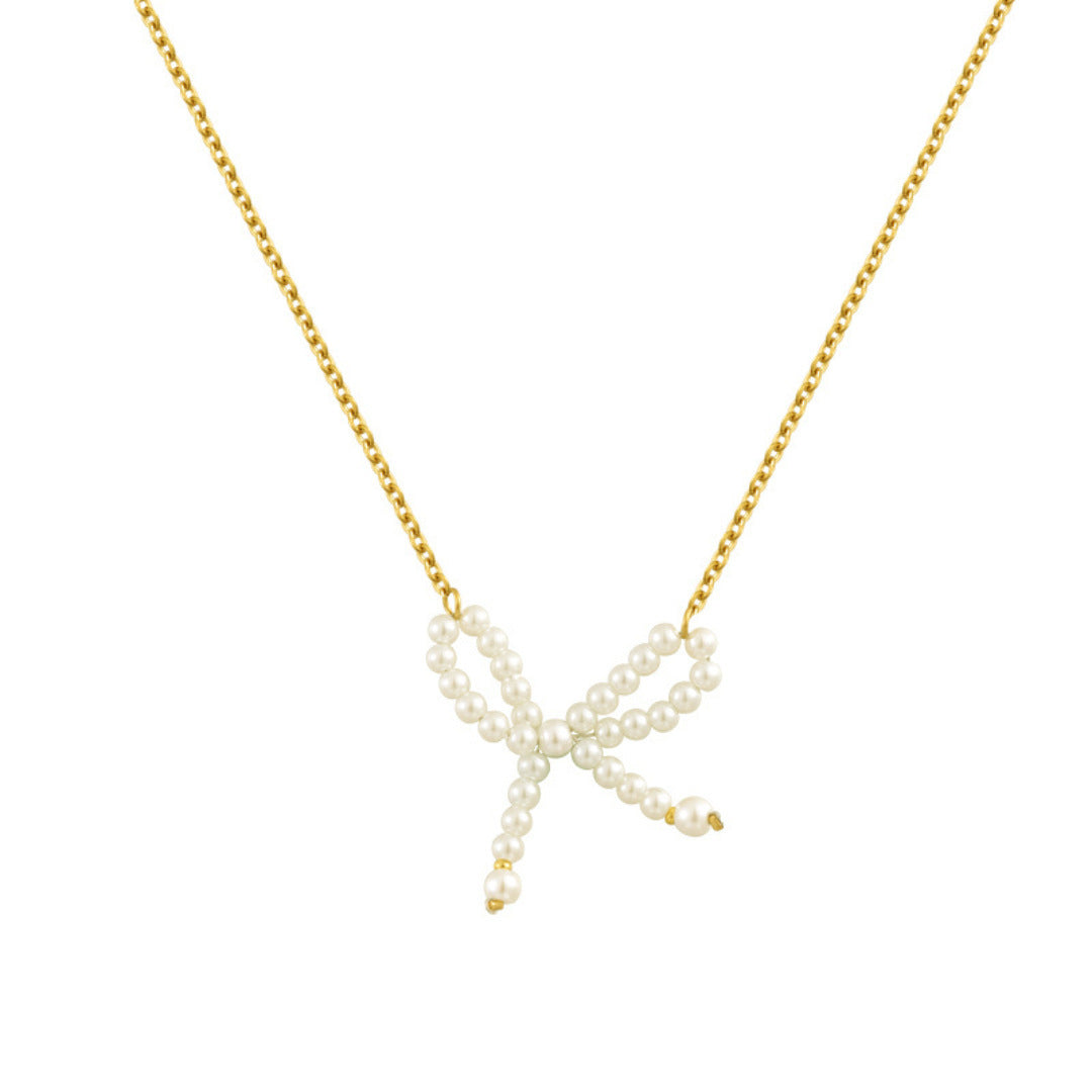 Bow Pearl Necklace Electroplated 18K Real Gold