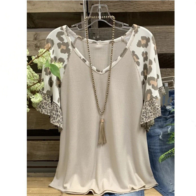 Waffle V-neck Leopard Print Stitching Casual Half Sleeve T-shirt Top