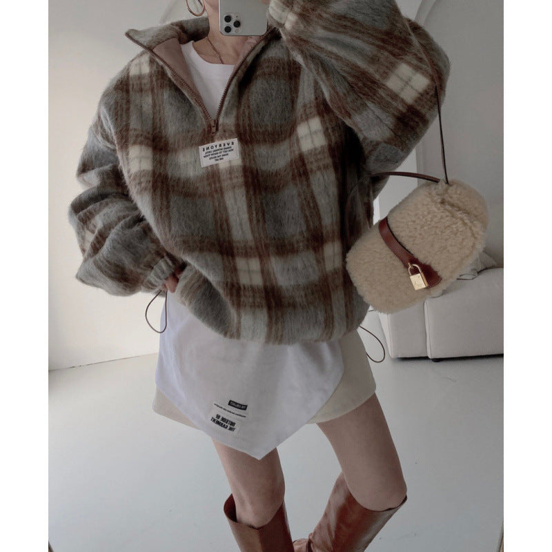 Autumn And Winter Niche Temperament Stand Collar Plaid Woolen Sweater For Women