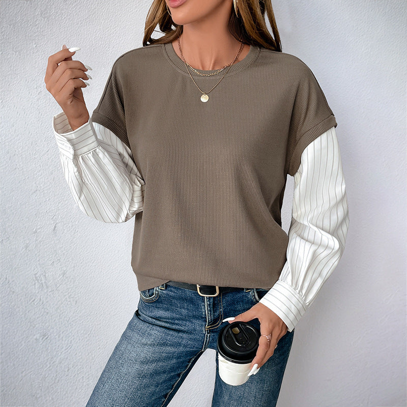 Long Sleeve Fake Two-piece Color Matching Knitted Round Neck Sweater