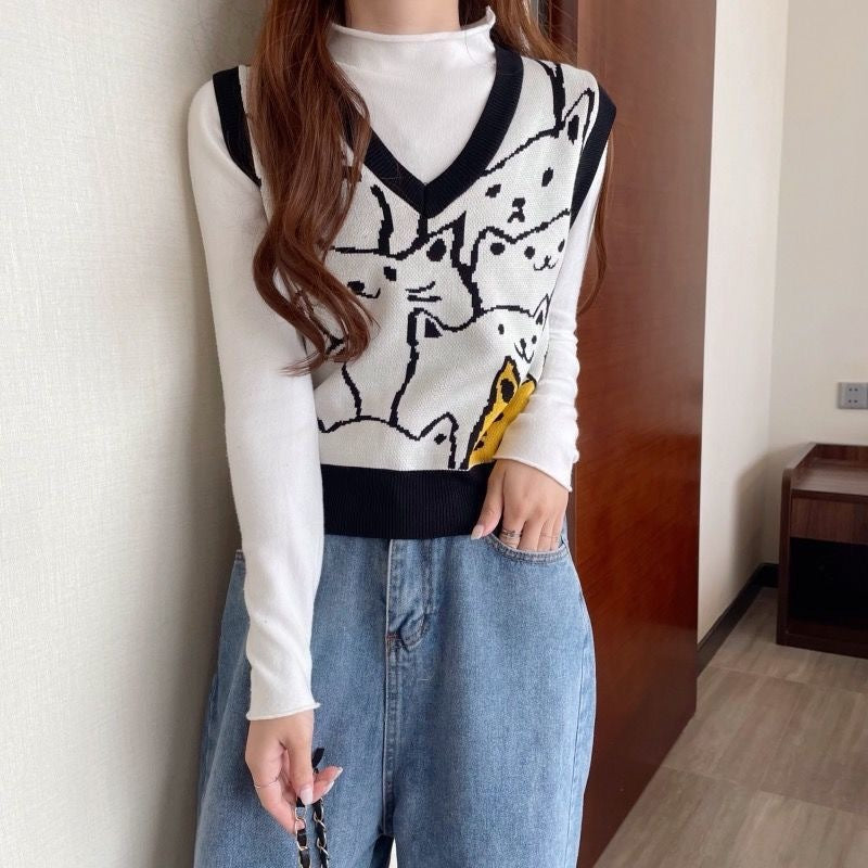 Women's Simple V-neck Fashion Cat Vest