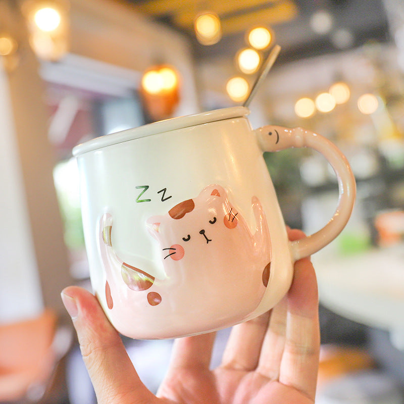 Cartoon Cat With Lid Spoon Ceramic Cup Female Cute Office