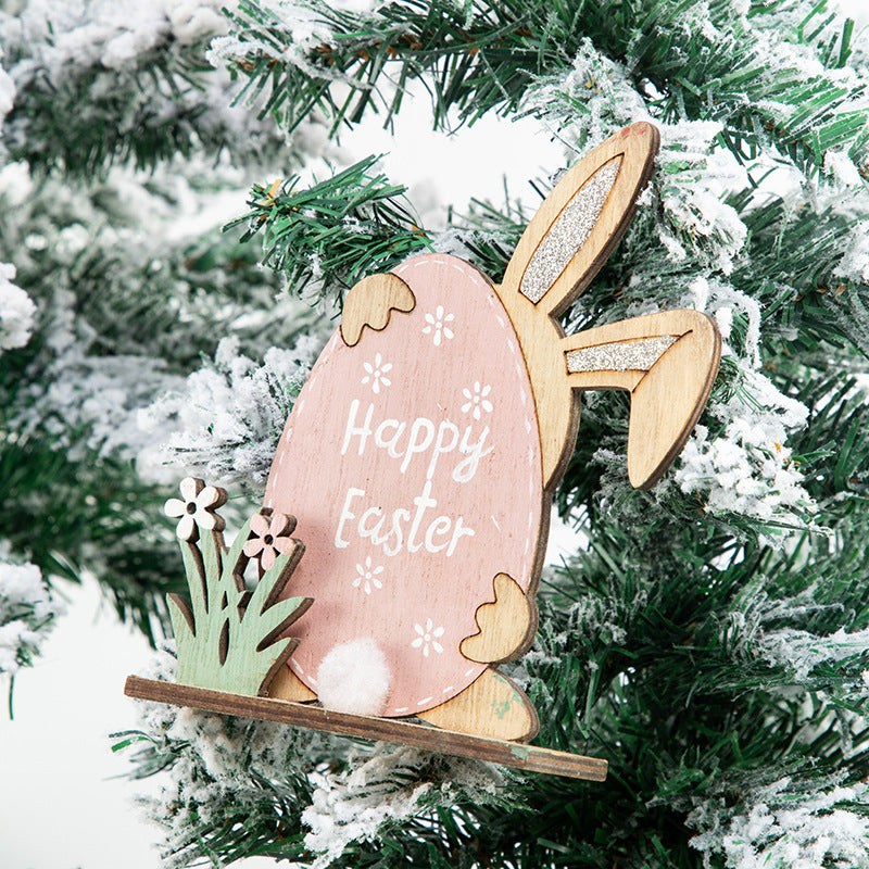 Easter Bunny Carved Wooden Ornament Home Wood Decor