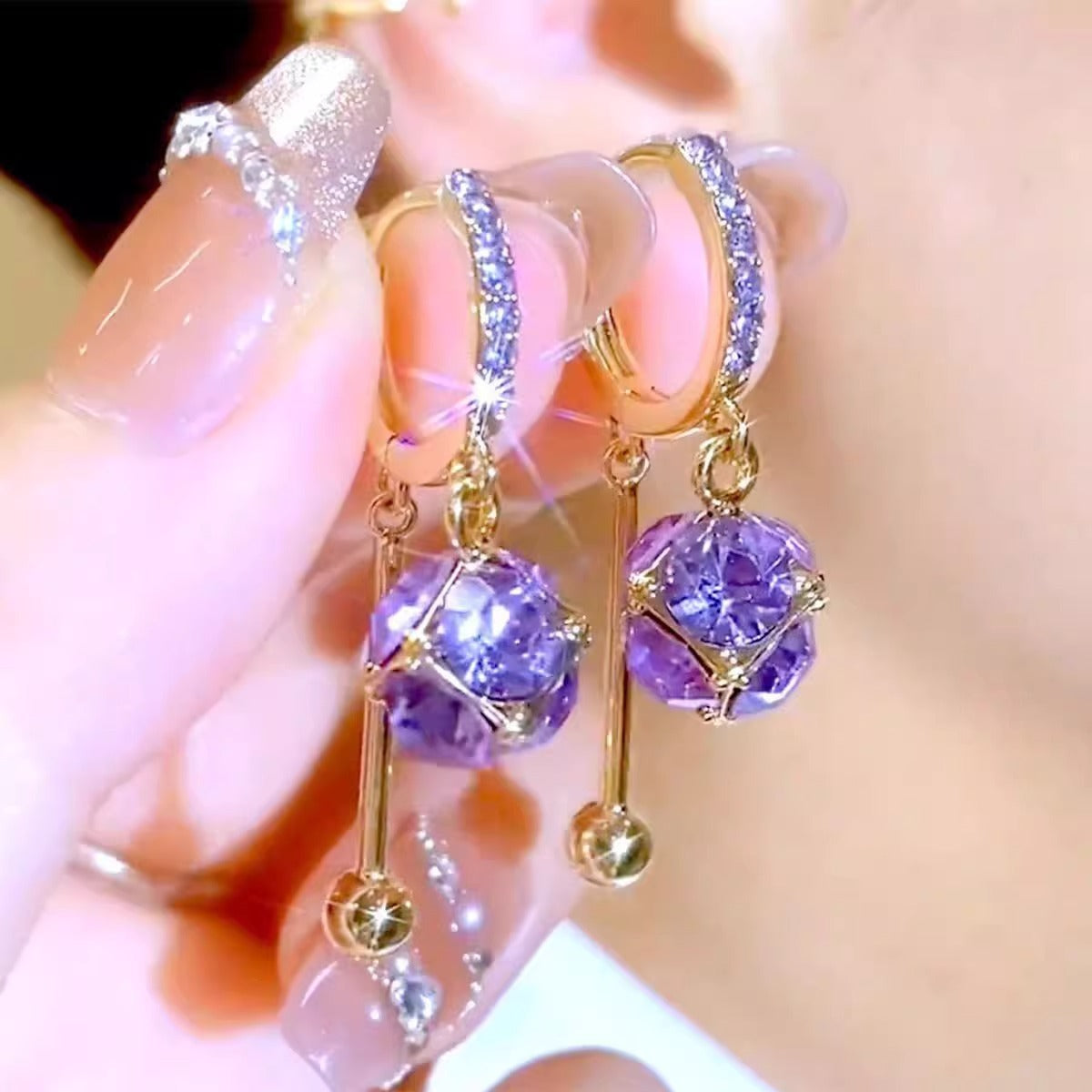 Zinc Alloy Plating Purple Diamond Women's Earrings