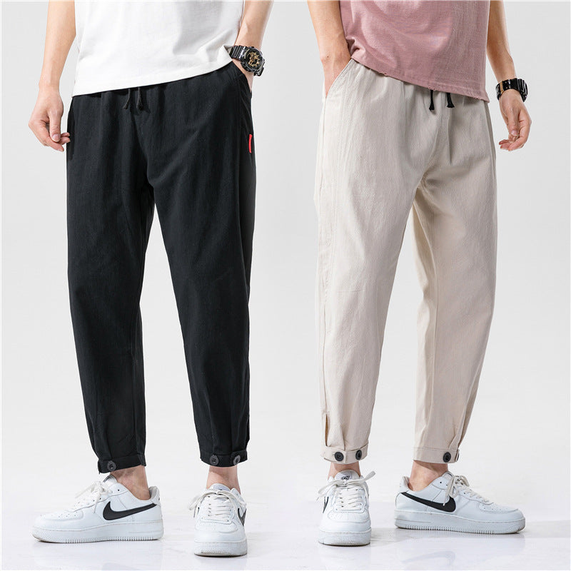 Men's Straight Casual Loose Cotton And Linen Cropped Pants