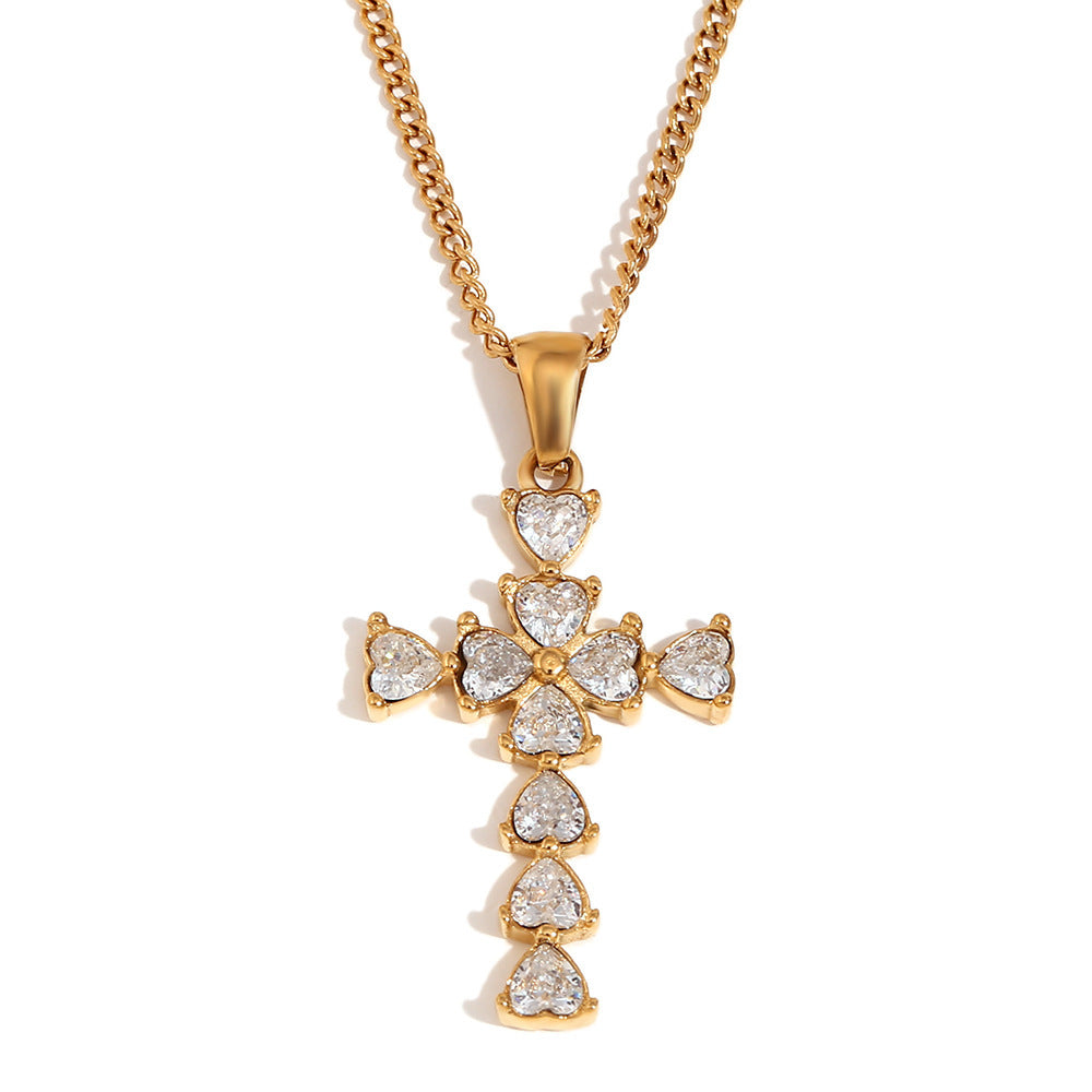 Stainless Steel 18K Gold Plated Water Drop Heart-shaped Cross Pendant Necklace