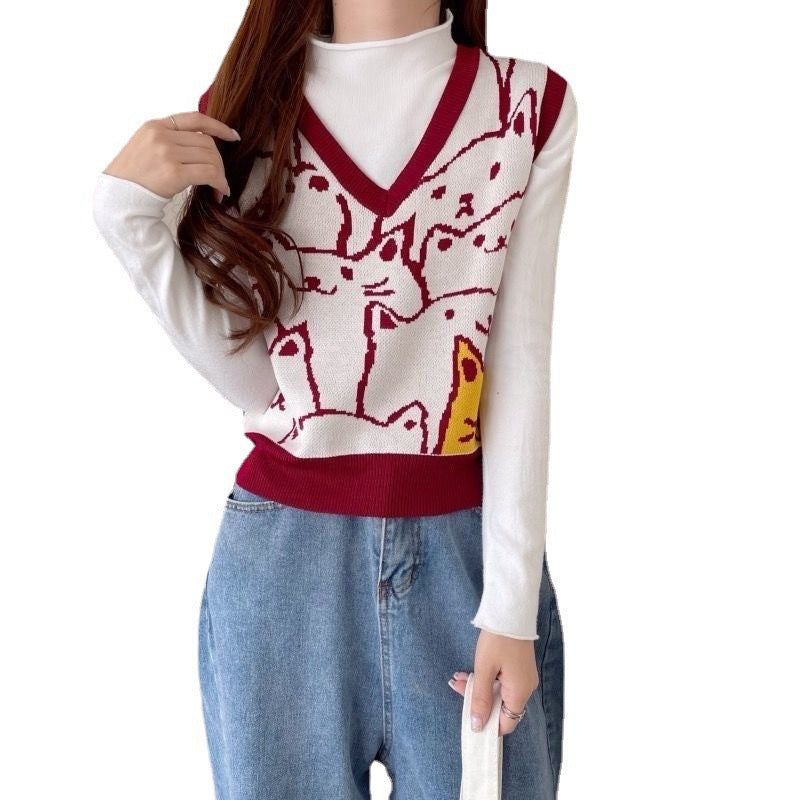 Women's Simple V-neck Fashion Cat Vest