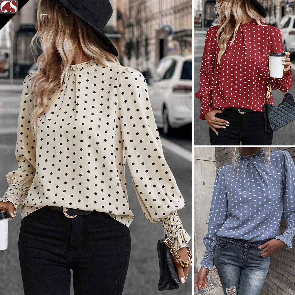 Polka Dot Printed Puff Sleeve Elegant Women's Shirt