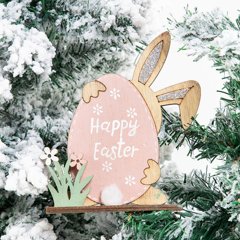 Easter Bunny Carved Wooden Ornament Home Wood Decor