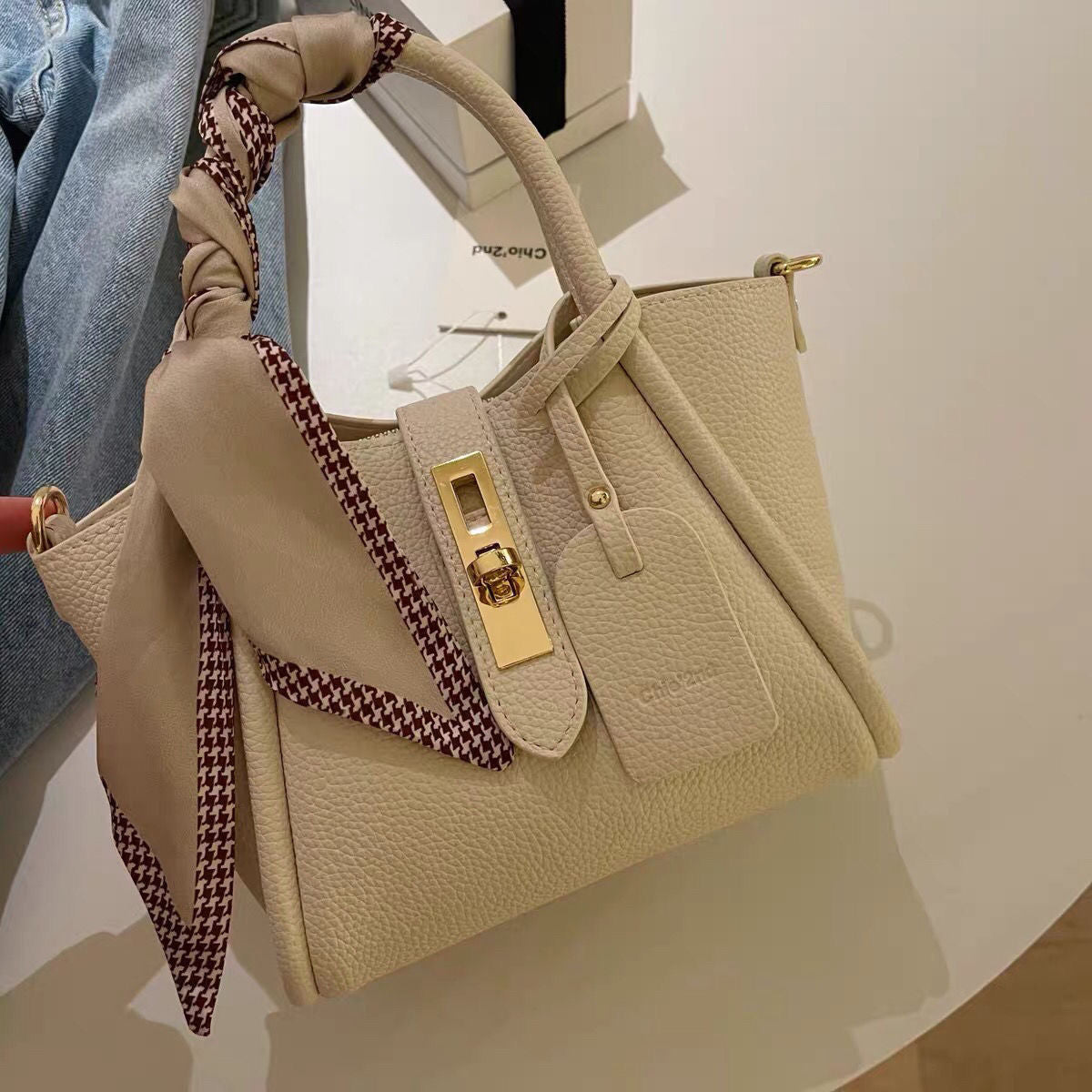 Litchi Pattern Soft Leather Portable Tote Bag