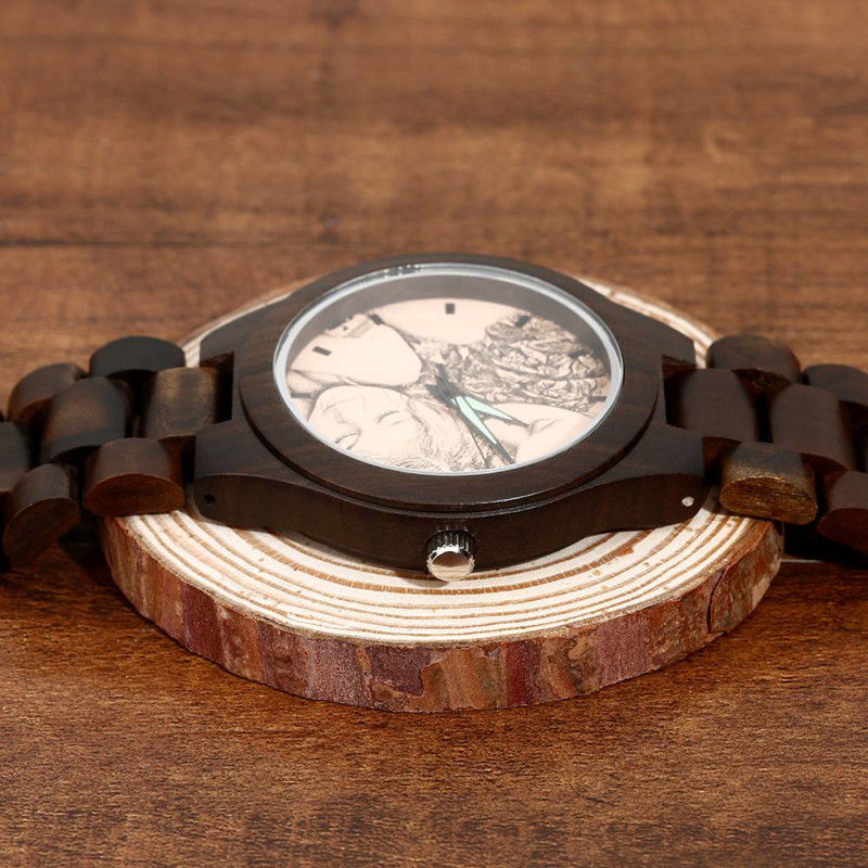 Men's Engraved Wooden Photo Watch Wooden Strap 45mm