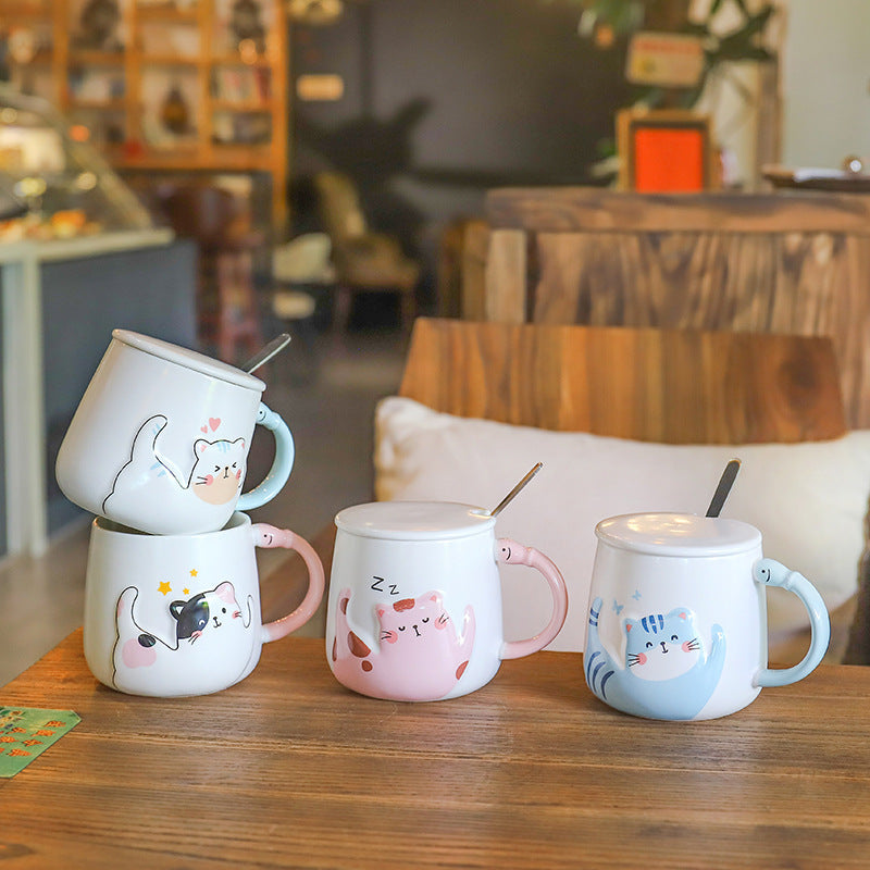 Cartoon Cat With Lid Spoon Ceramic Cup Female Cute Office